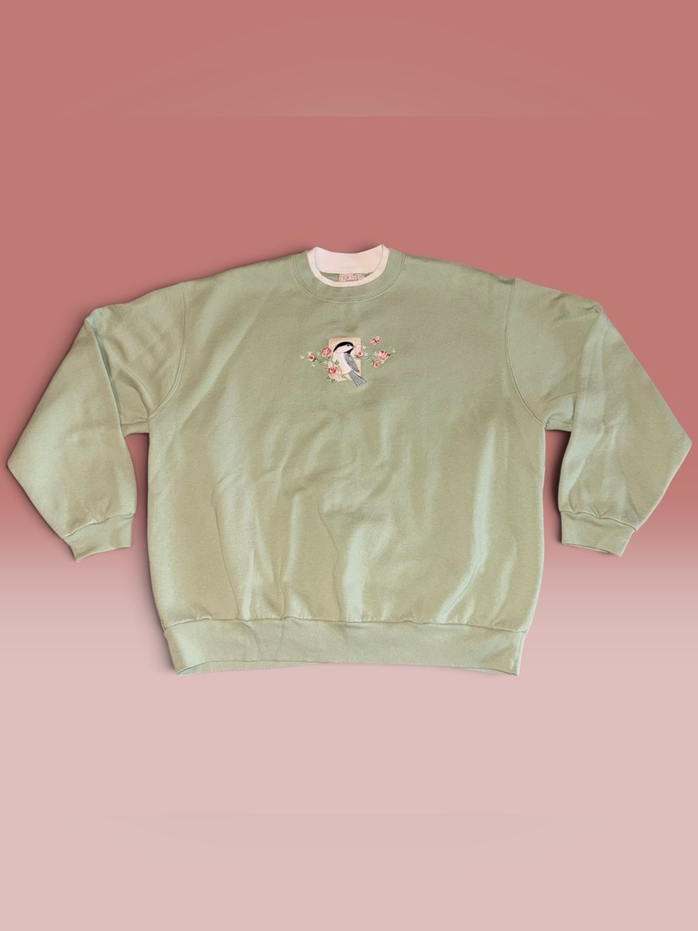 Vintage 90s Top Stitch Sage Green Embroidered Chickadee Sweatshirt - Women's 2XL